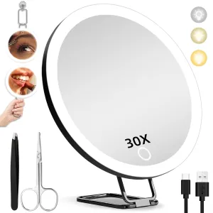 30X Magnifying Mirror with Lights, 6inch Makeup Magnified Mirror 30X Lighted Travel Magnification with 3 Suction Cups and 360° Adjustable Stand- Includes Tweezers & Scissors