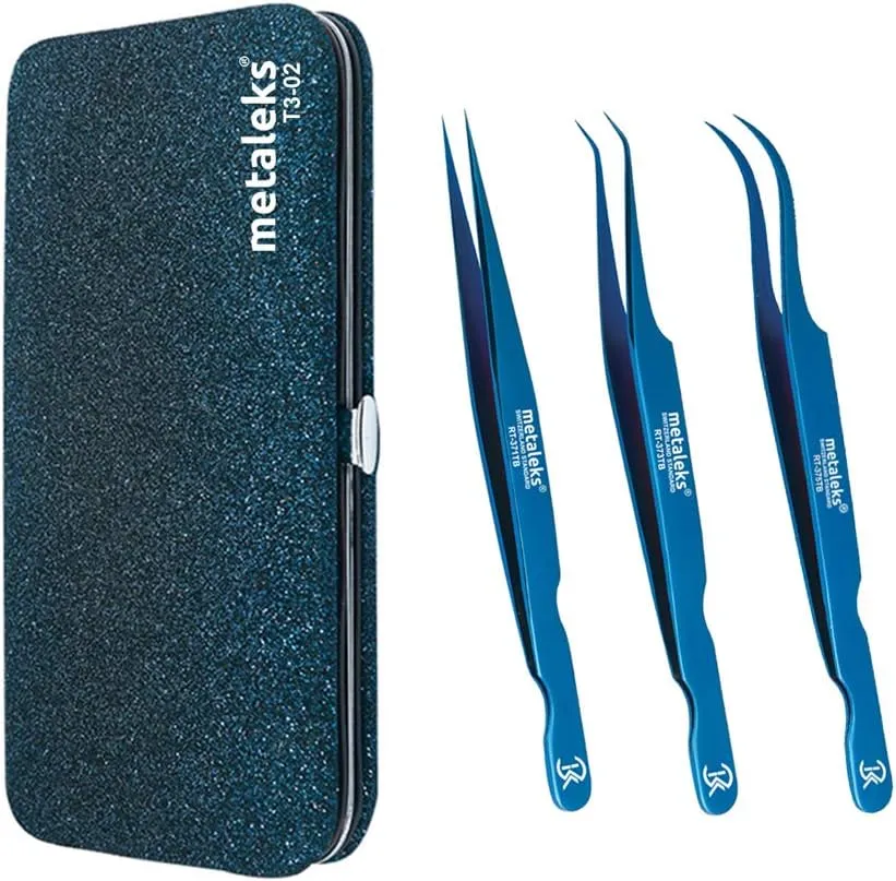 3PCS Eyelash Tweezers Set with Blue Tweezer & Glitter Blue Pouch