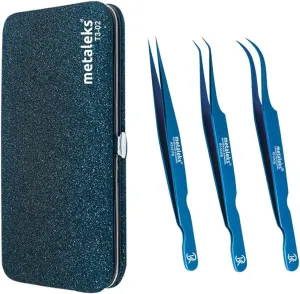 3PCS Eyelash Tweezers Set with Blue Tweezer & Glitter Blue Pouch