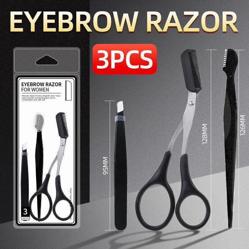 3PCS Eyebrow Razor Set Trimmer Shaver Scissors Spooley Dermaplaning Tweezers