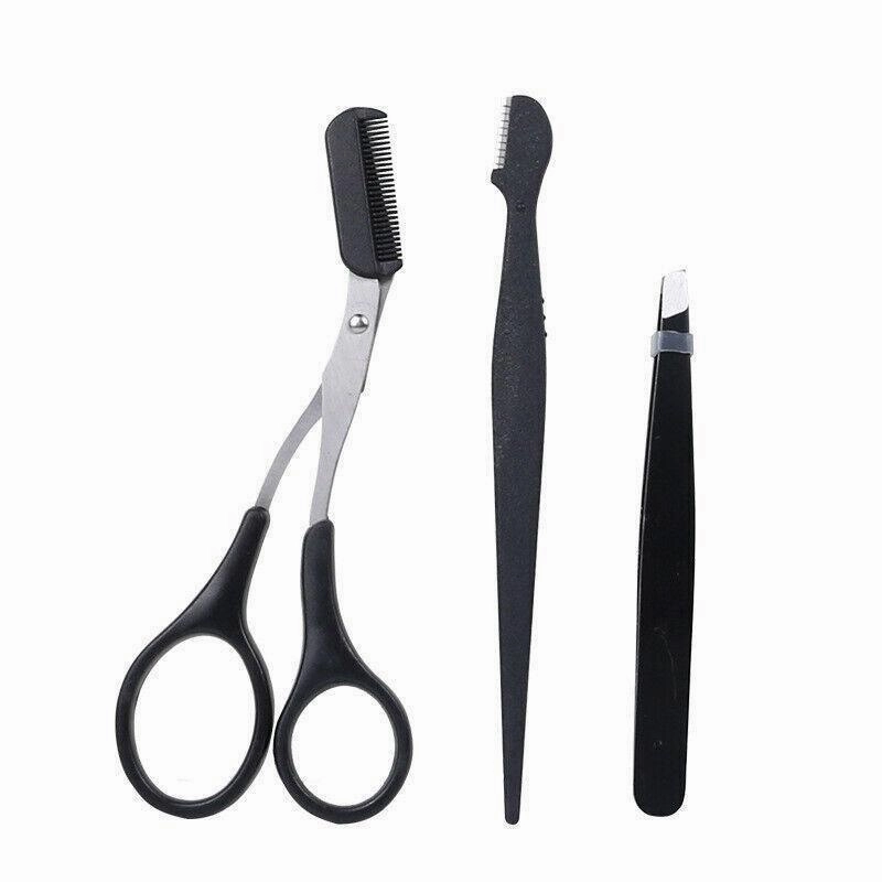 3PCS Eyebrow Razor Set Trimmer Shaver Scissors Spooley Dermaplaning Tweezers