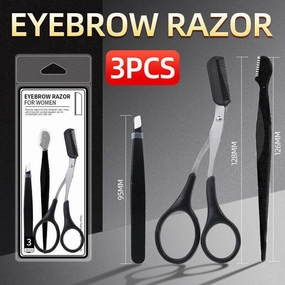 3PCS Eyebrow Razor Set Trimmer Shaver Scissors Spooley Dermaplaning Tweezers