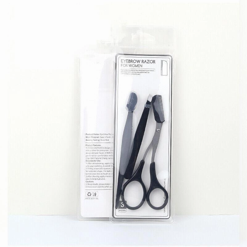 3PCS Eyebrow Razor Set Trimmer Shaver Scissors Spooley Dermaplaning Tweezers