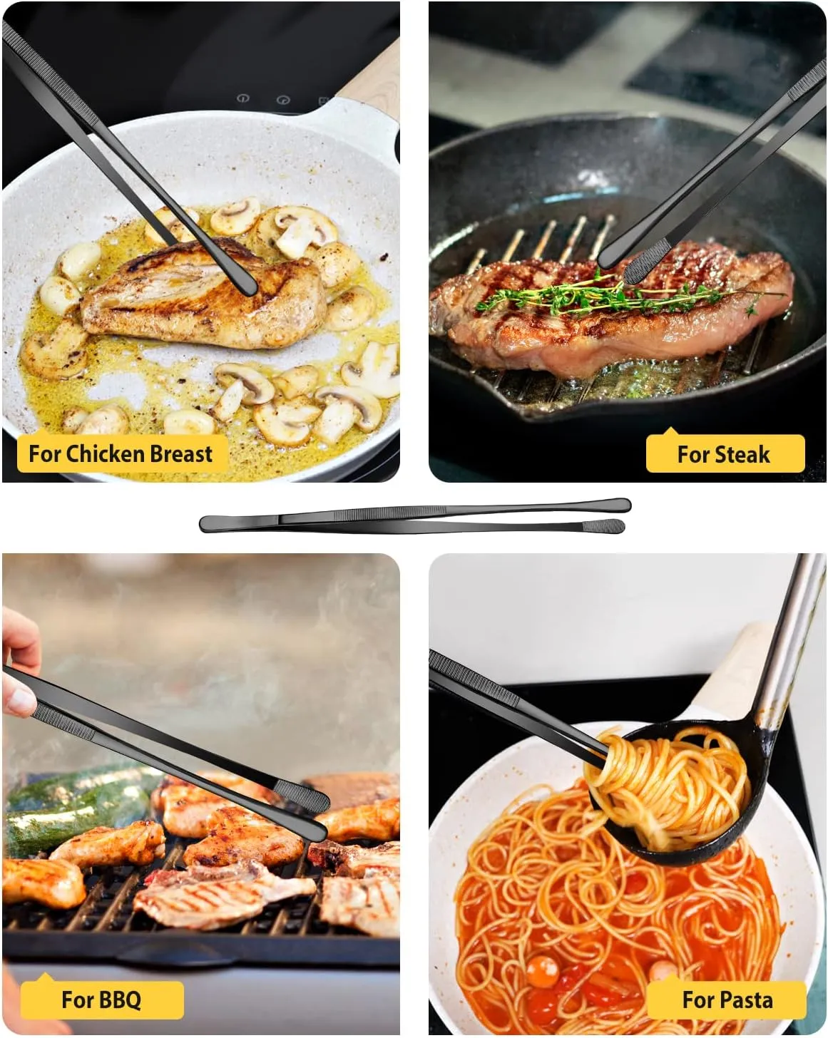 4 Pcs Fine Long Tweezer Tongs Professional Black, 12'' and 10'' Stainless Steel for Kitchen, Food, Cooking, Repairing, Sea food and BBQ