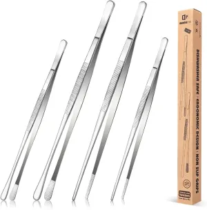 4 Pcs Fine Long Tweezer Tongs Professional Silver, 12'' and 10'' Stainless Steel for Kitchen, Food, Cooking, Repairing, Sea food and BBQ