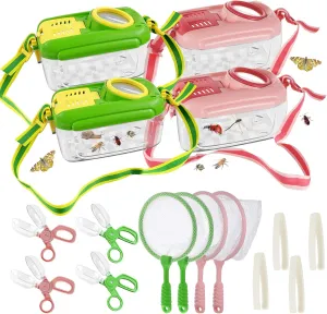 4 Sets Bug Catcher Kit for Kids Outdoor Exploration Kit Kid Summer Toys Nature Explorer Kit Bug Collection Kit with Insect Catcher Box, Butterfly Nets, Tweezers for Kids 3 4 5 6 7 8  Years Old (Green)