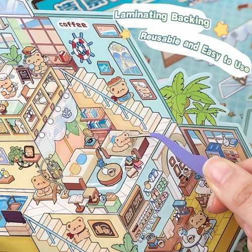 4 Sets Big DIY 3D Sticker Scene Isometric Miniature Room Stickers Book for Kids Adults Cute Make Your Own House Stickers for Gifts Paint by Sticker Third Floor Library Café Castles Game Arcade (A set)
