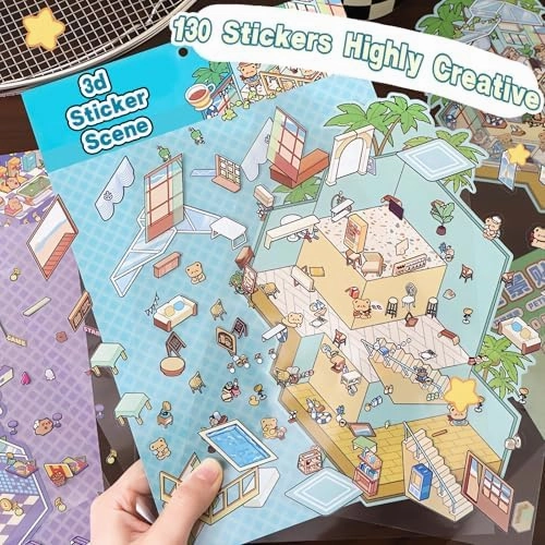 4 Sets Big DIY 3D Sticker Scene Isometric Miniature Room Stickers Book for Kids Adults Cute Make Your Own House Stickers for Gifts Paint by Sticker Third Floor Library Café Castles Game Arcade (A set)