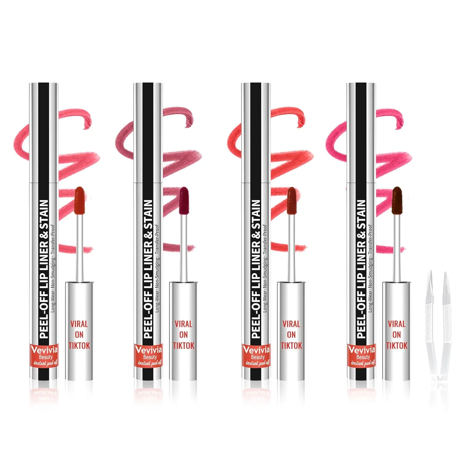 4pcs Lip Stain Peel Off - Lip Liner Stain Long Lasting Waterproof with Tweezer,2-in-1 Lip Liner Matte,Natural Finish,Non-Stick Cup,Stay On All Day,Perfect for Gift(Cocoa Rose Nude Mauve)