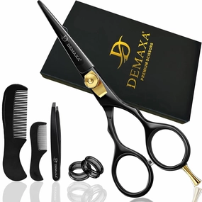5.5" Beard and Mustache Scissors Set with Beard Mustache Comb, Rust-Proof, Professionally Sharpened for Precision Trimming with Tweezers, Beard Scissors for Perfect Gift-Premium Black Scissors