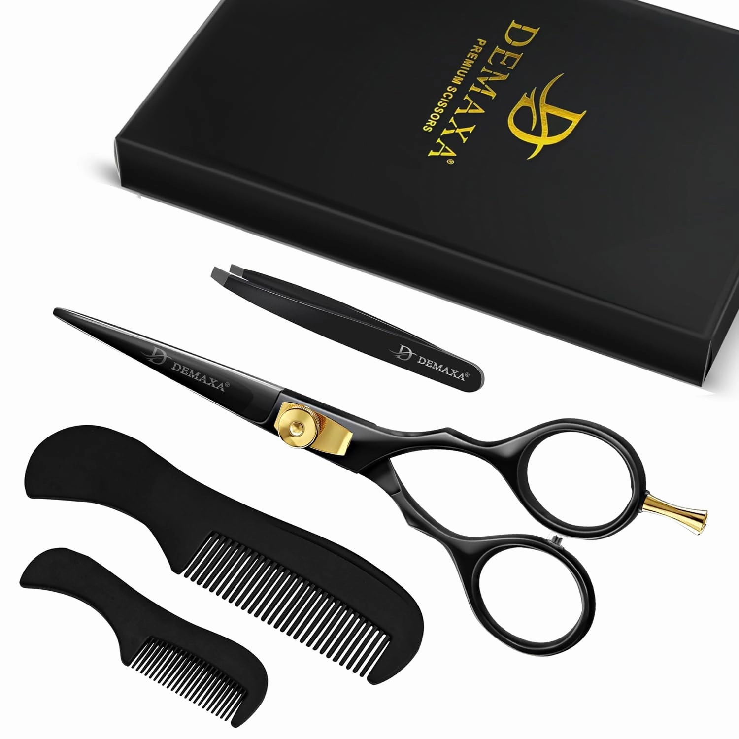 5.5" Beard and Mustache Scissors Set with Beard Mustache Comb, Rust-Proof, Professionally Sharpened for Precision Trimming with Tweezers, Beard Scissors for Perfect Gift-Premium Black Scissors