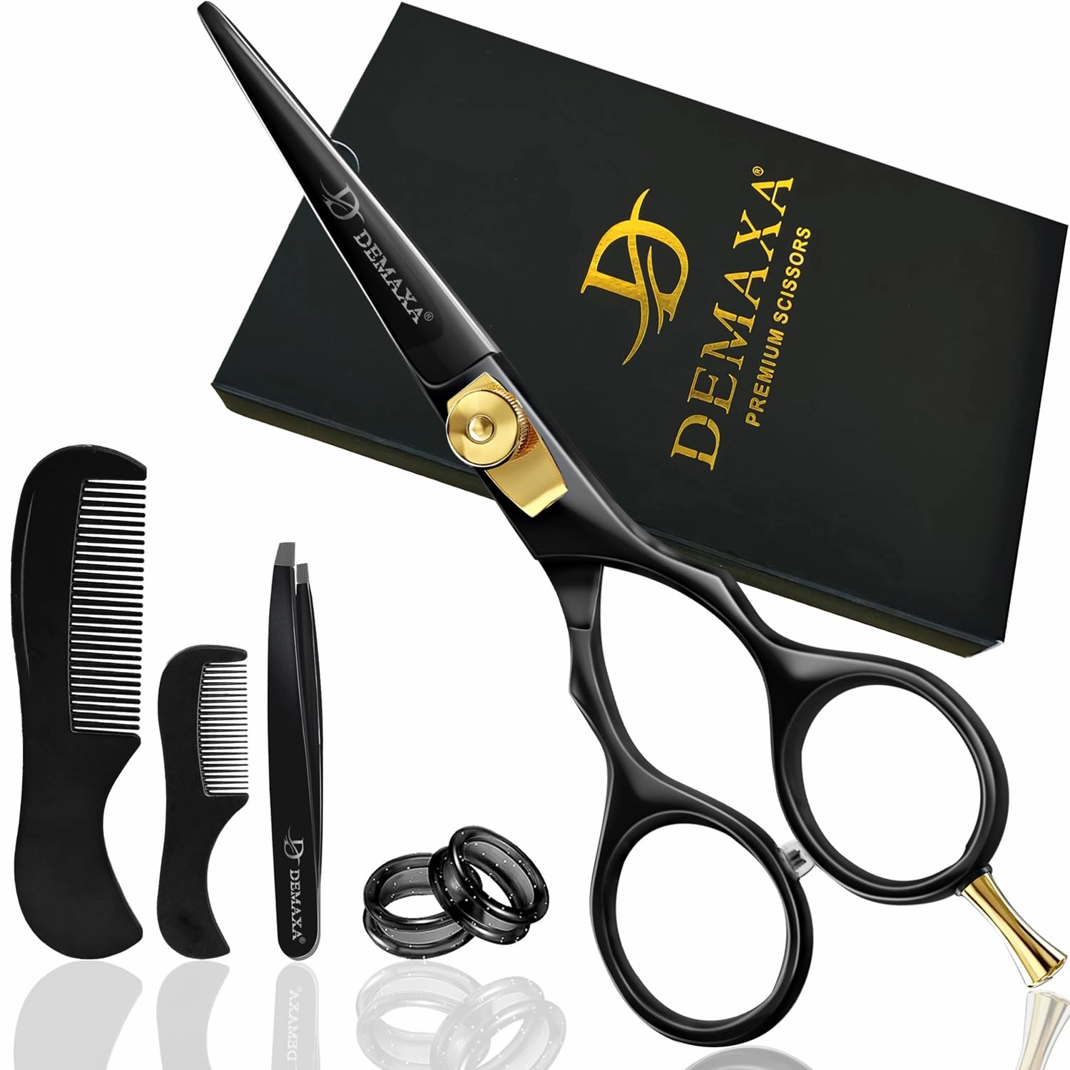 5.5" Beard and Mustache Scissors Set with Beard Mustache Comb, Rust-Proof, Professionally Sharpened for Precision Trimming with Tweezers, Beard Scissors for Perfect Gift-Premium Black Scissors