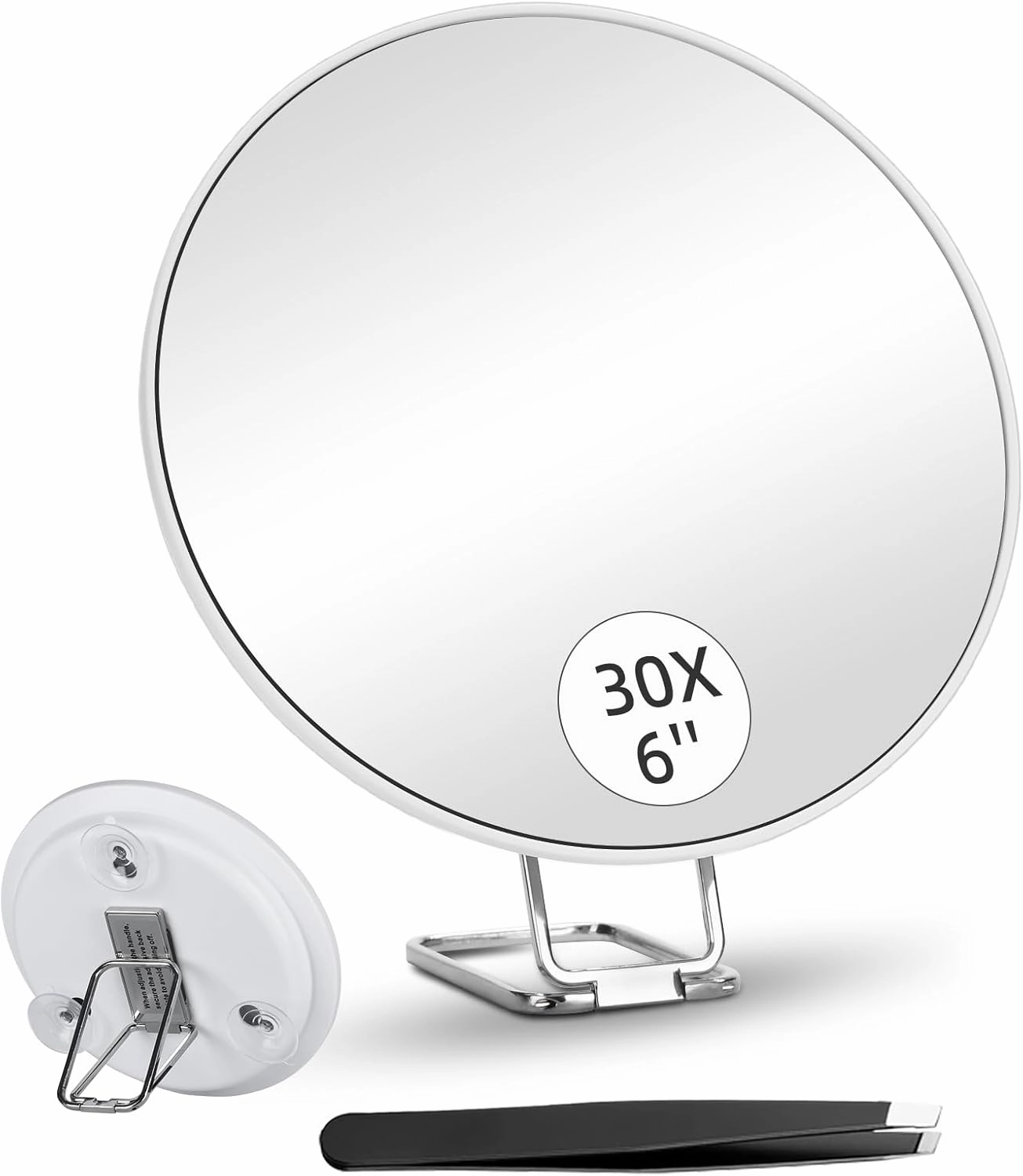 6inch 30X Magnifying Mirror with Stand & Suction Cups, Large Travel Magnified Mirror 30 x High Magnification Makeup Mirror for Handheld Table Wall-Mounted Use, 30x Travel Magnifying Mirror & Tweezers