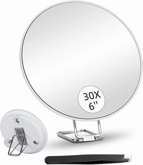 6inch 30X Magnifying Mirror with Stand & Suction Cups, Large Travel Magnified Mirror 30 x High Magnification Makeup Mirror for Handheld Table Wall-Mounted Use, 30x Travel Magnifying Mirror & Tweezers