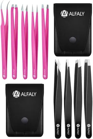 9 Pack Tweezers Bundle - Professional Stainless Steel Precision Tweezers for Men & Women - Pink and Black