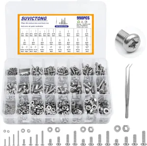 990Pcs Phillips Pan Head Machine Screws M2 M3 M4 M5 M6, Nuts and Bolts Assortment Kits, SUVICTONG Stainless Steel Metric Screws 8/12/16/20mm with Flat Washers and Tweezers