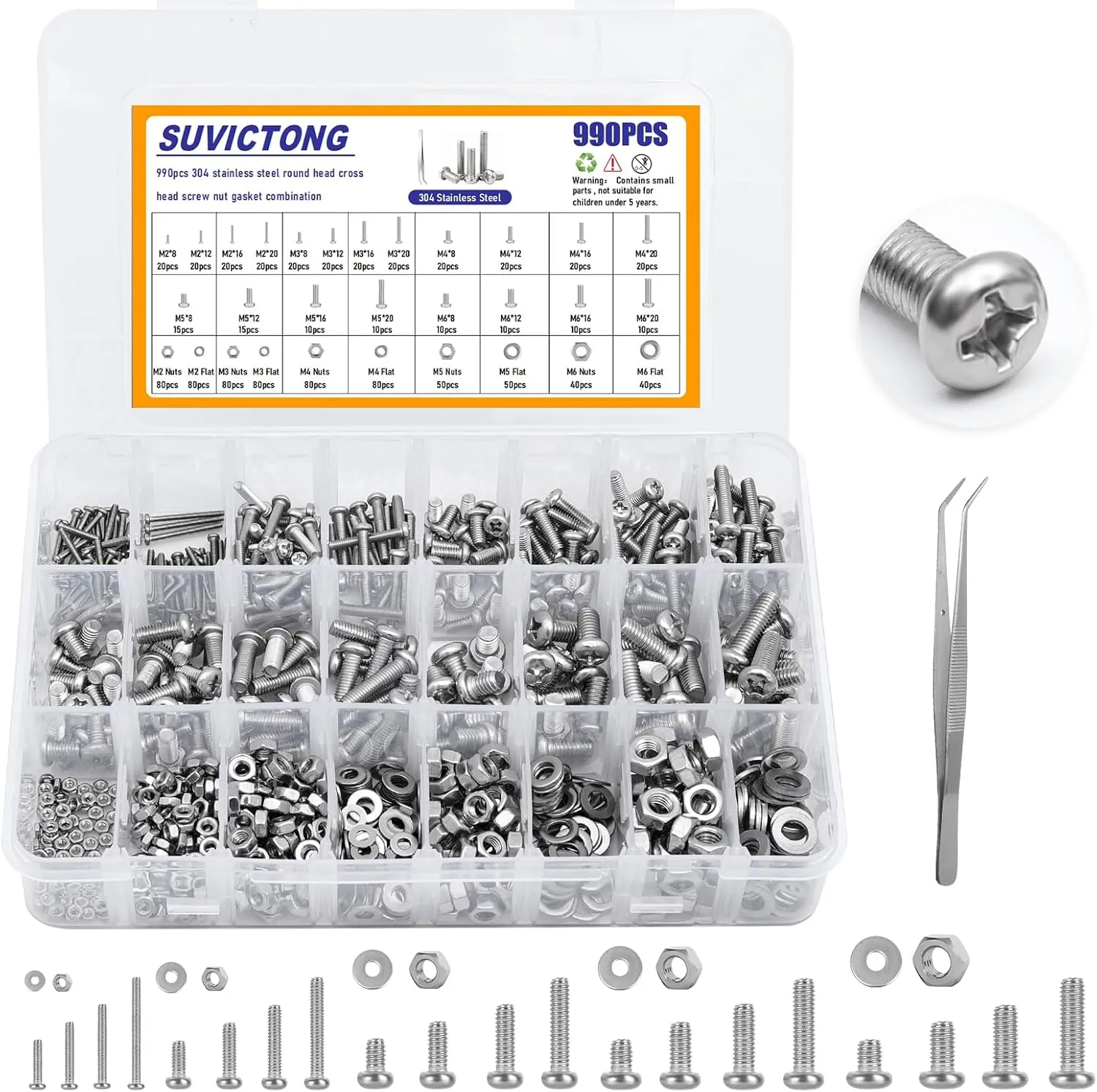 990Pcs Phillips Pan Head Machine Screws M2 M3 M4 M5 M6, Nuts and Bolts Assortment Kits, SUVICTONG Stainless Steel Metric Screws 8/12/16/20mm with Flat Washers and Tweezers