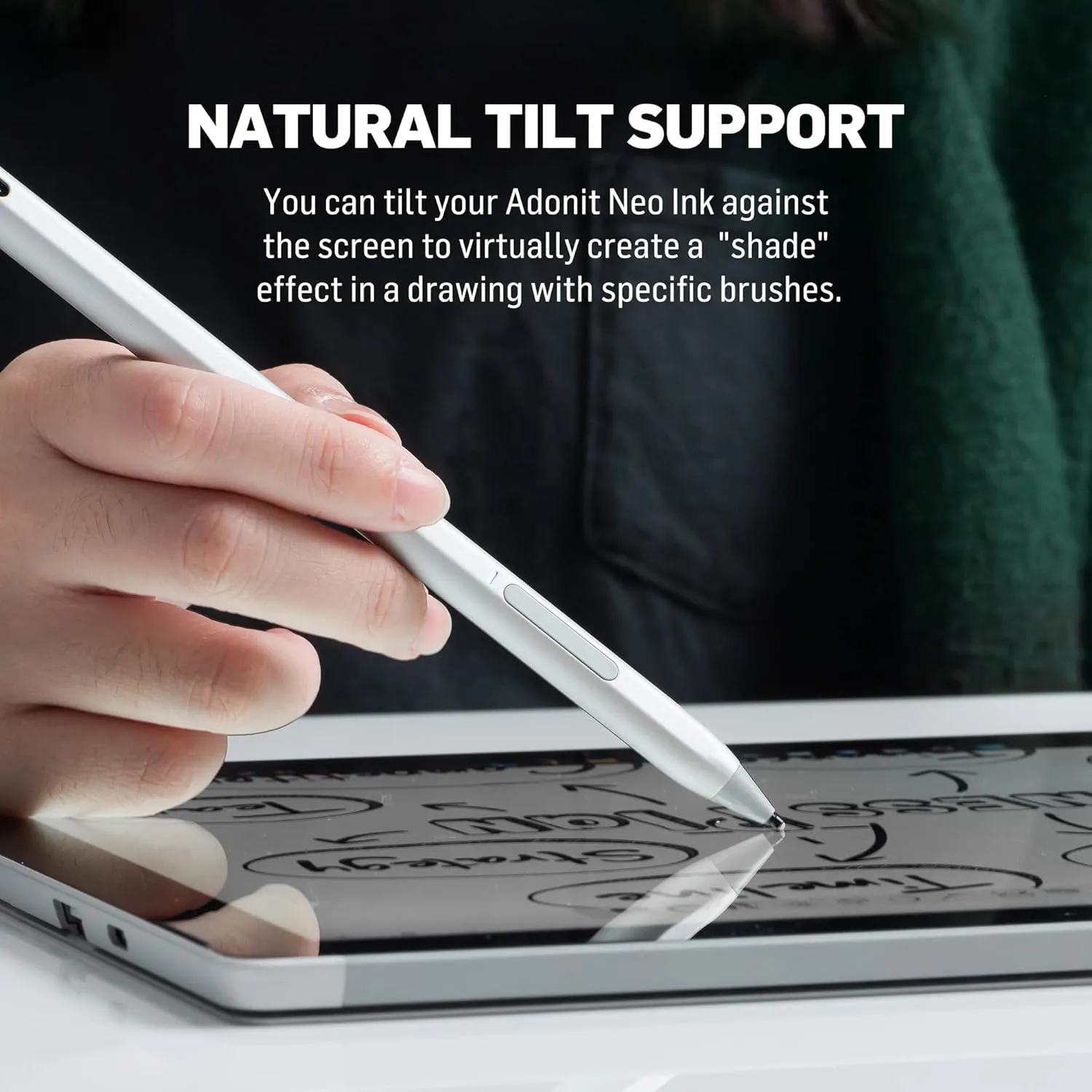 Adonit Neo Ink, Magnetic Attachable Stylus Pen for Microsoft Surface, 4096 Pressure Sensitivity, Tilt, Palm Rejection, Compatible with Surface Book/Go/Pro/Studio, Surface Laptops- Matte Silver