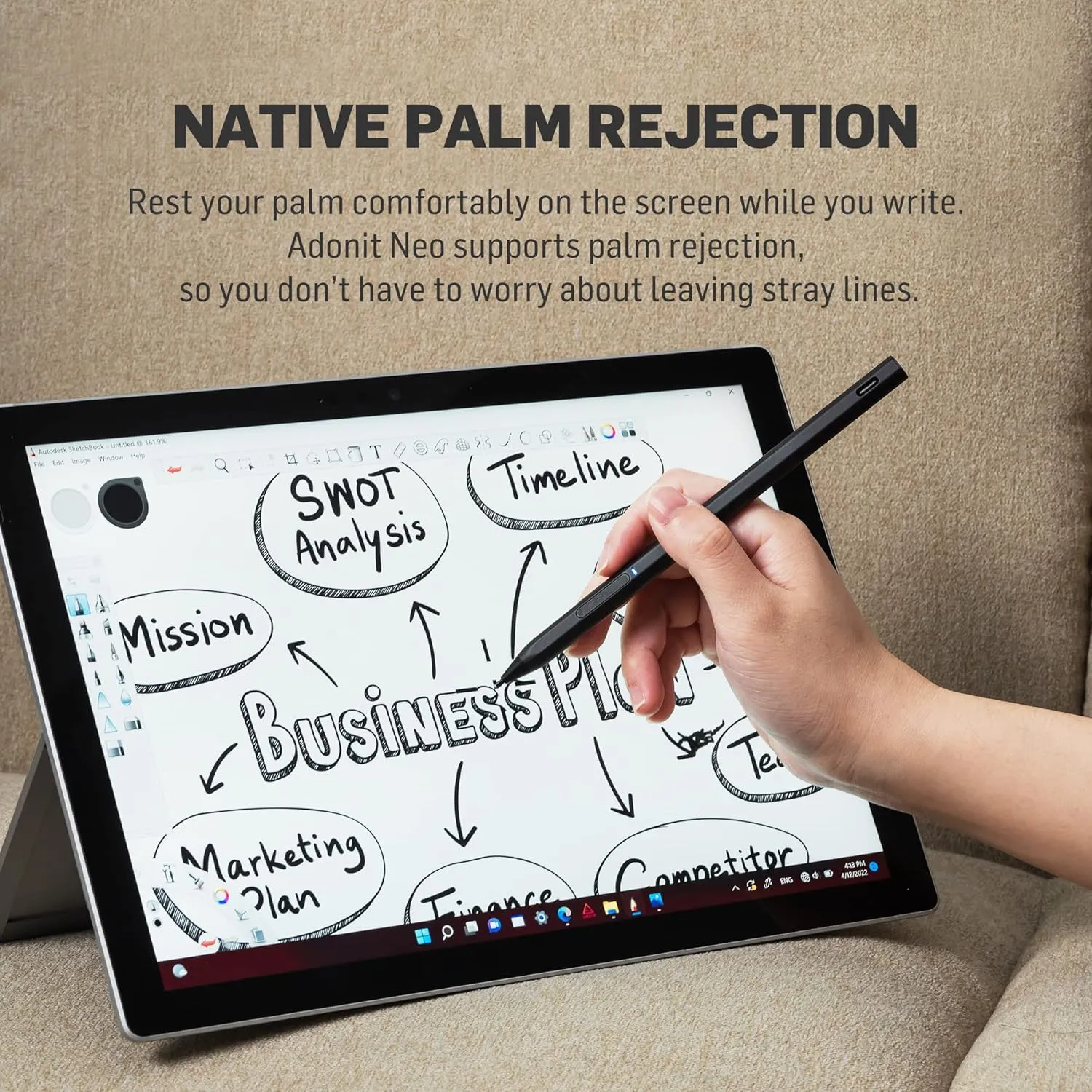 Adonit Neo Ink(Graphite Black) - Magnetically Attachable Stylus Pen for iPad Writing/Drawing with Palm Rejection, Active Pencil, Compatible with Windows Powered Tablets and 2-in-1 Devices.