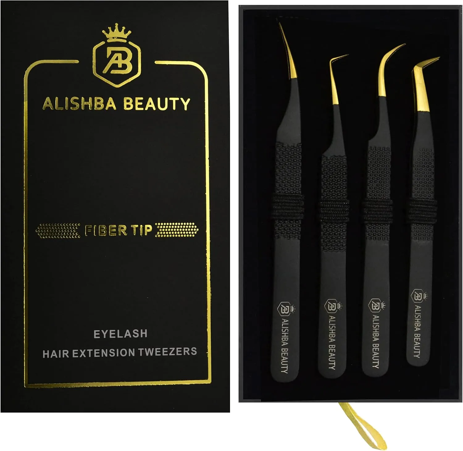 Alishba Beauty Eyelash Extension Tweezers, Precision Fiber Tip Grip Japanese Stainless Steel Profiessional (Set of 4 Eyelash Tweezer) (BLACK GOLD)