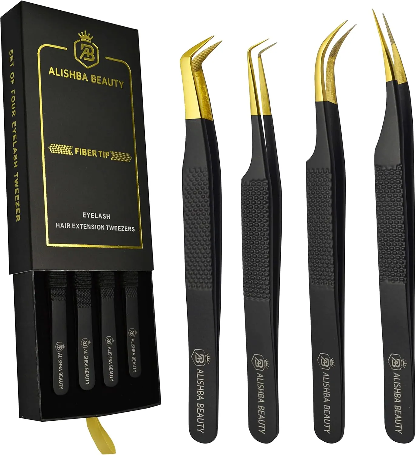 Alishba Beauty Eyelash Extension Tweezers, Precision Fiber Tip Grip Japanese Stainless Steel Profiessional (Set of 4 Eyelash Tweezer) (BLACK GOLD)