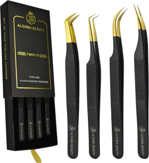 Alishba Beauty Eyelash Extension Tweezers, Precision Fiber Tip Grip Japanese Stainless Steel Profiessional (Set of 4 Eyelash Tweezer) (BLACK GOLD)