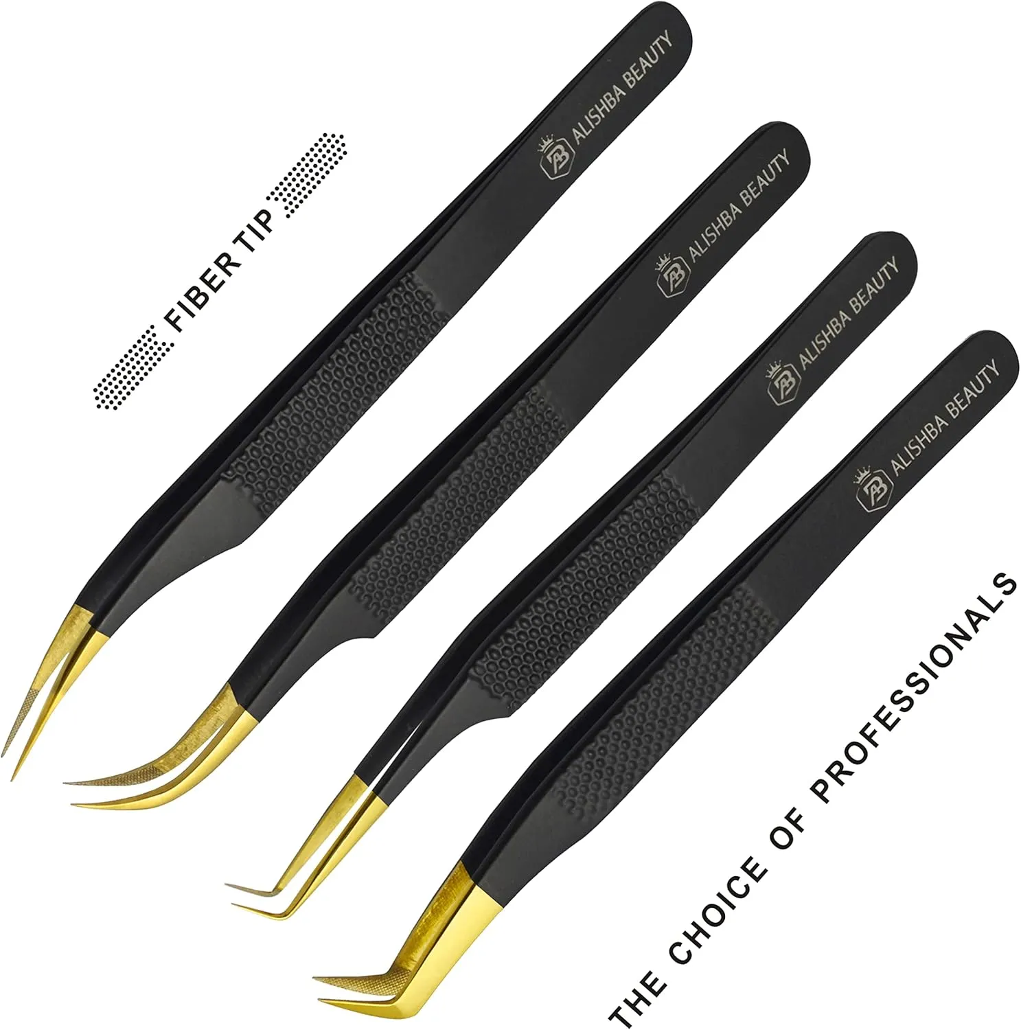 Alishba Beauty Eyelash Extension Tweezers, Precision Fiber Tip Grip Japanese Stainless Steel Profiessional (Set of 4 Eyelash Tweezer) (BLACK GOLD)