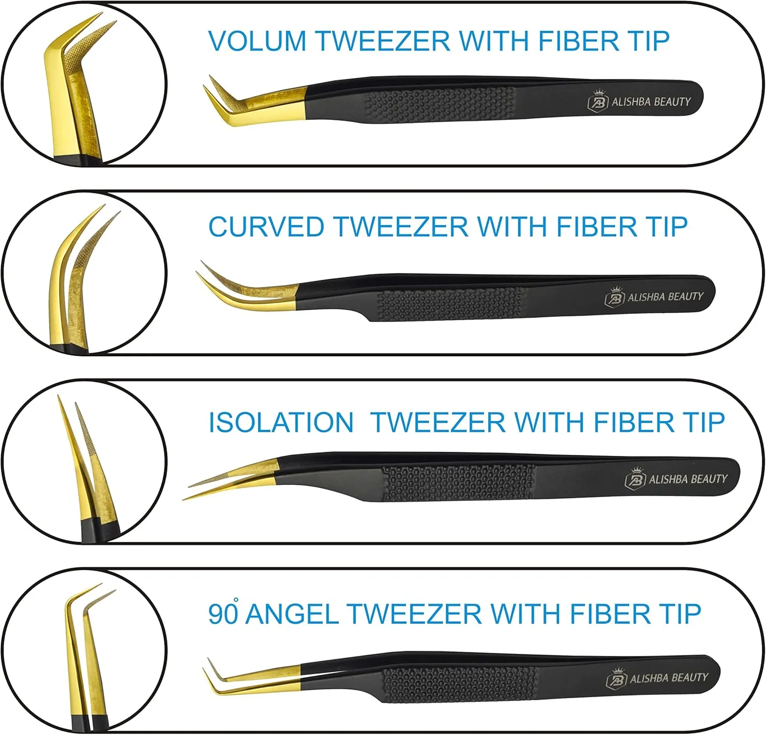 Alishba Beauty Eyelash Extension Tweezers, Precision Fiber Tip Grip Japanese Stainless Steel Profiessional (Set of 4 Eyelash Tweezer) (BLACK GOLD)