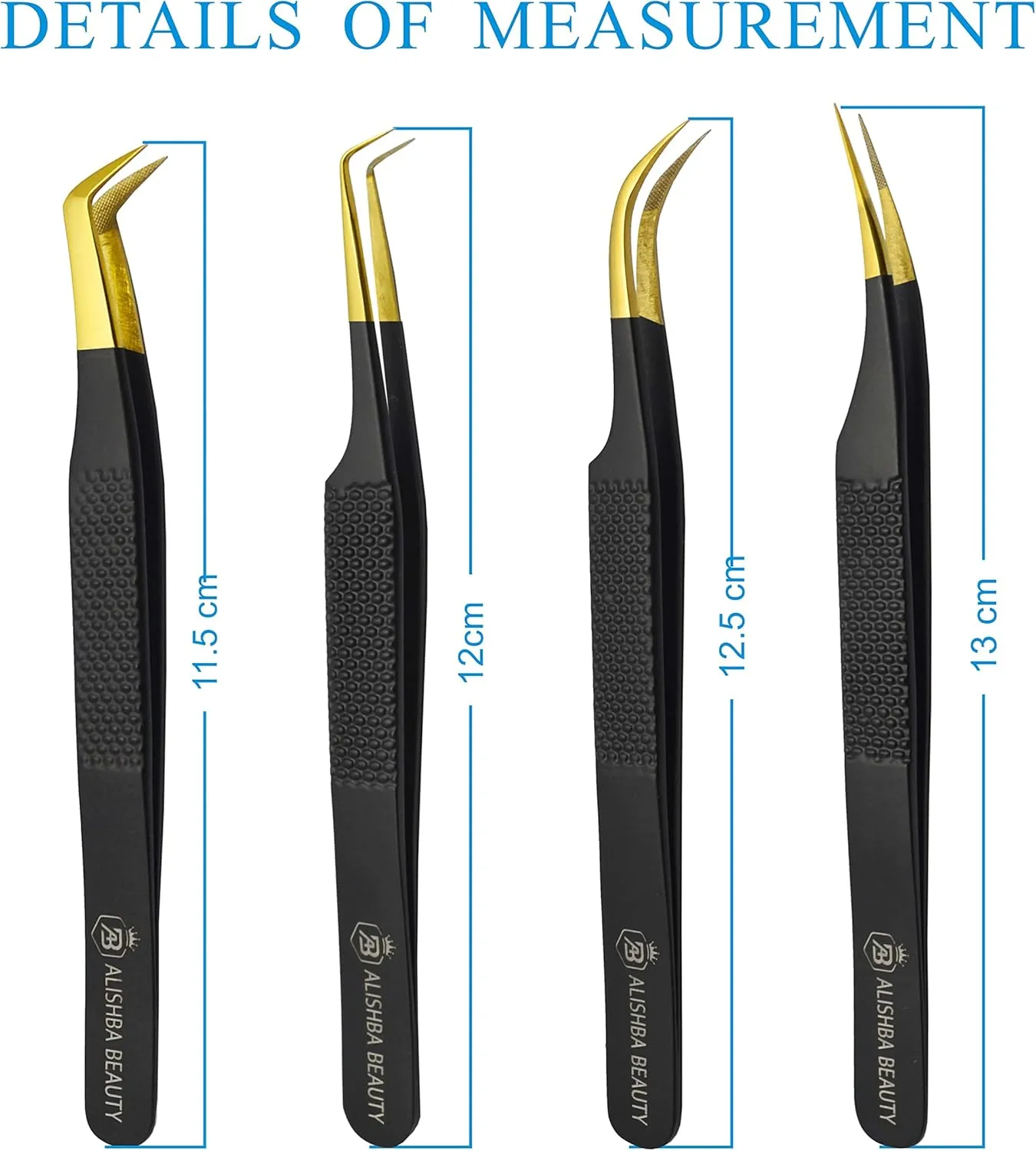 Alishba Beauty Eyelash Extension Tweezers, Precision Fiber Tip Grip Japanese Stainless Steel Profiessional (Set of 4 Eyelash Tweezer) (BLACK GOLD)