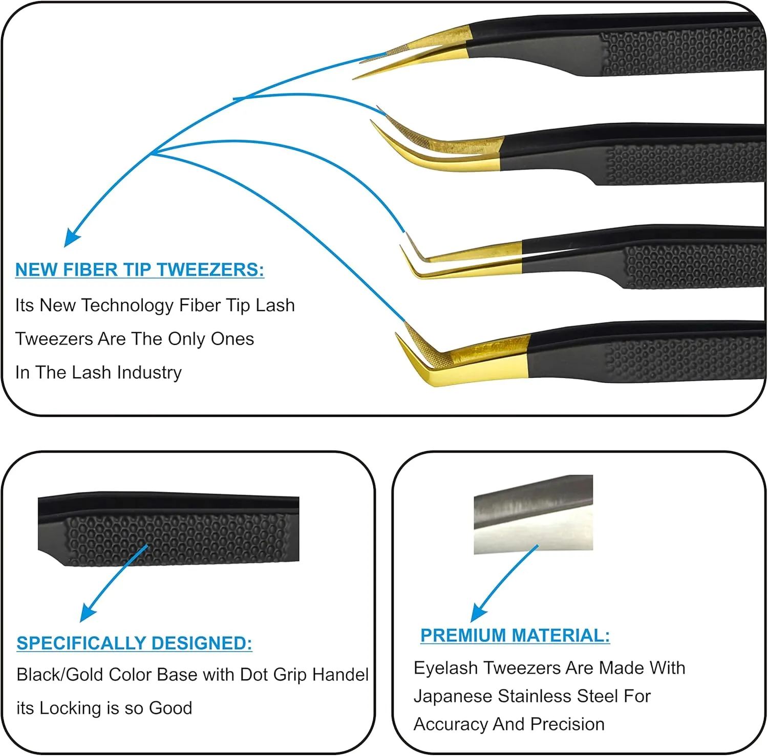 Alishba Beauty Eyelash Extension Tweezers, Precision Fiber Tip Grip Japanese Stainless Steel Profiessional (Set of 4 Eyelash Tweezer) (BLACK GOLD)