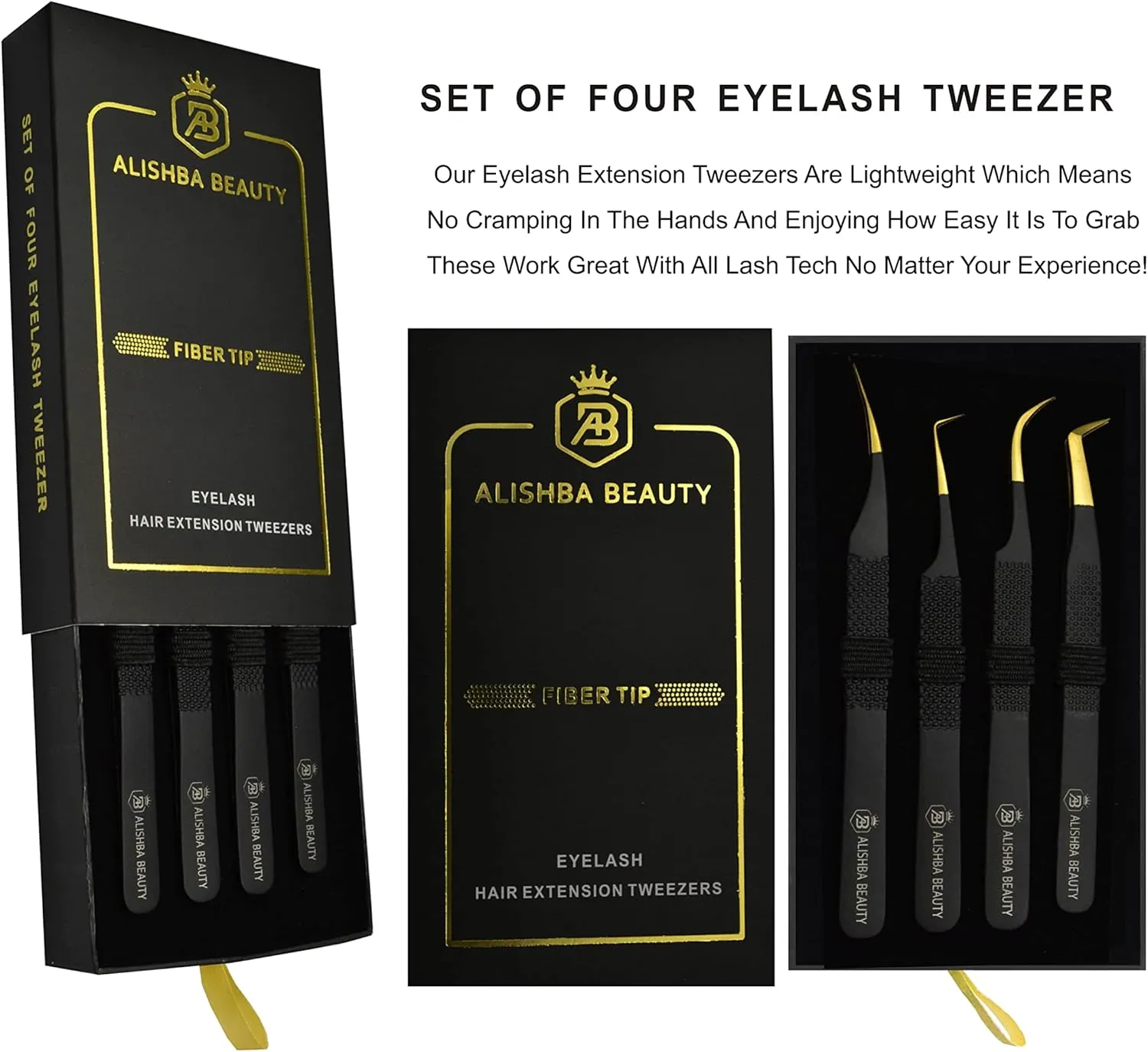 Alishba Beauty Eyelash Extension Tweezers, Precision Fiber Tip Grip Japanese Stainless Steel Profiessional (Set of 4 Eyelash Tweezer) (BLACK GOLD)