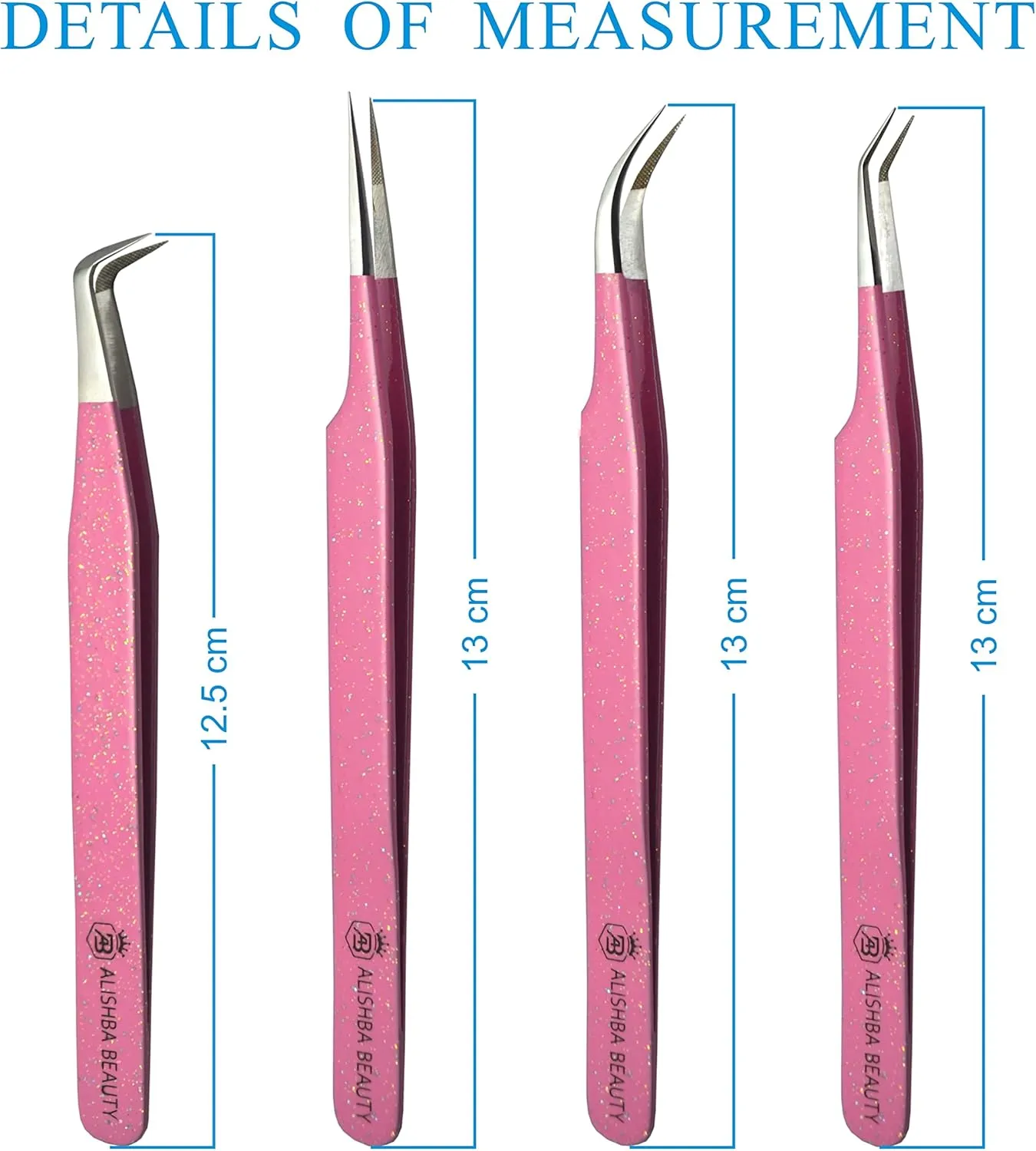 Alishba Beauty Eyelash Extension Tweezers, Precision Fiber Tip Grip Japanese Stainless Steel (Set of 4 Eyelash Tweezer) (GLITTER PINK)