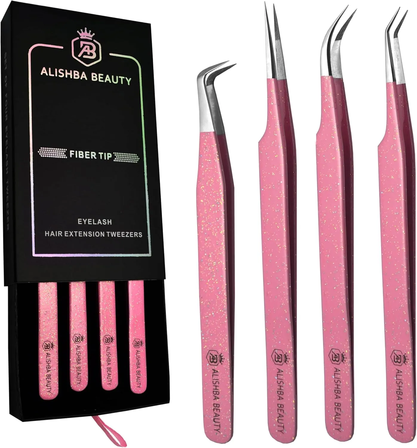 Alishba Beauty Eyelash Extension Tweezers, Precision Fiber Tip Grip Japanese Stainless Steel (Set of 4 Eyelash Tweezer) (GLITTER PINK)