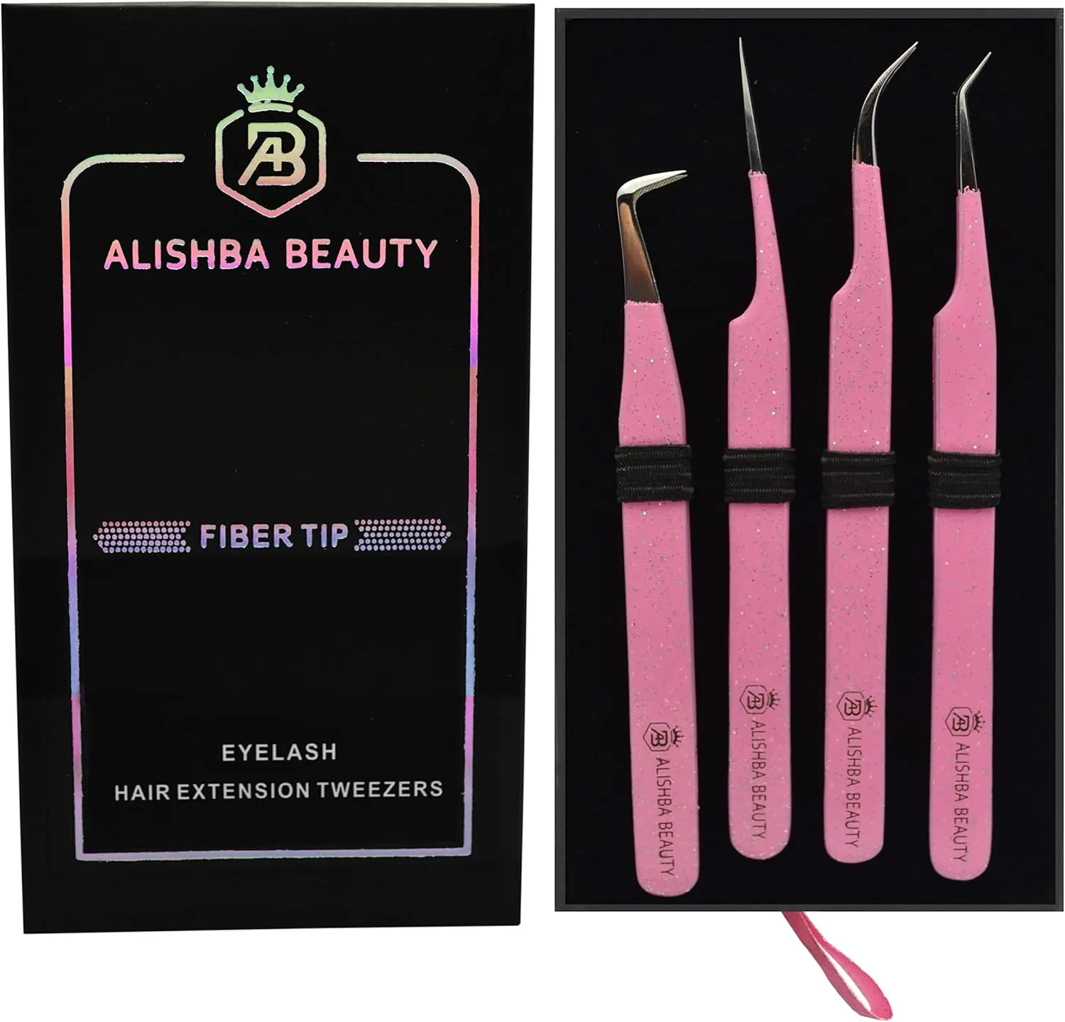 Alishba Beauty Eyelash Extension Tweezers, Precision Fiber Tip Grip Japanese Stainless Steel (Set of 4 Eyelash Tweezer) (GLITTER PINK)