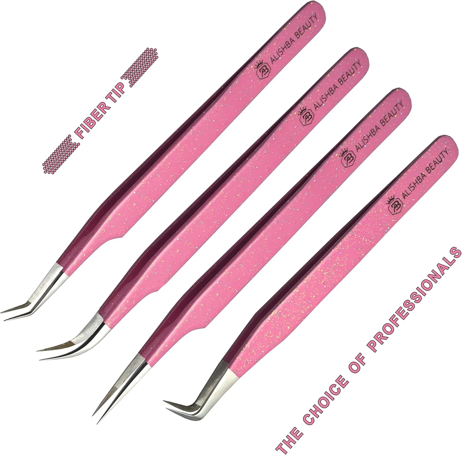 Alishba Beauty Eyelash Extension Tweezers, Precision Fiber Tip Grip Japanese Stainless Steel (Set of 4 Eyelash Tweezer) (GLITTER PINK)