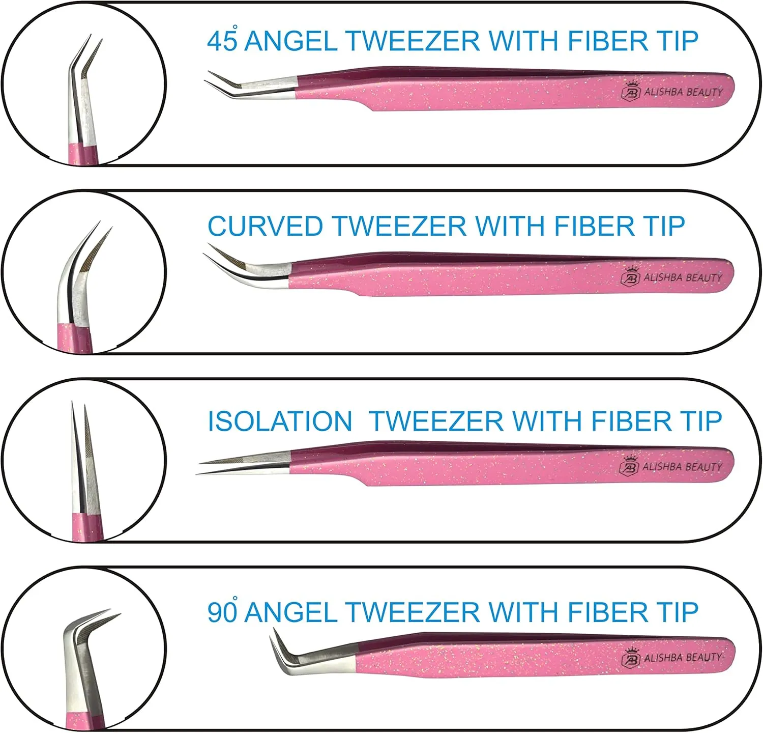 Alishba Beauty Eyelash Extension Tweezers, Precision Fiber Tip Grip Japanese Stainless Steel (Set of 4 Eyelash Tweezer) (GLITTER PINK)