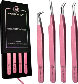 Alishba Beauty Eyelash Extension Tweezers, Precision Fiber Tip Grip Japanese Stainless Steel (Set of 4 Eyelash Tweezer) (GLITTER PINK)