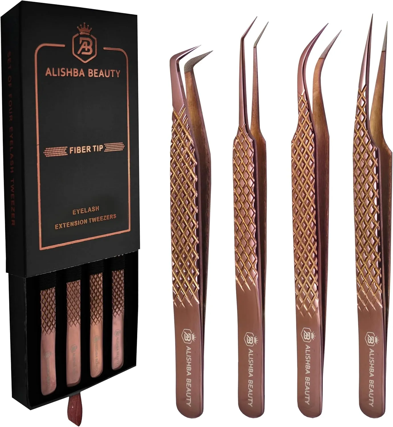 Alishba Beauty Eyelash Extension Tweezers, Precision Fiber Tip Grip Japanese Stainless Steel (Set of 4 Eyelash Tweezer) (ROSE GOLD)