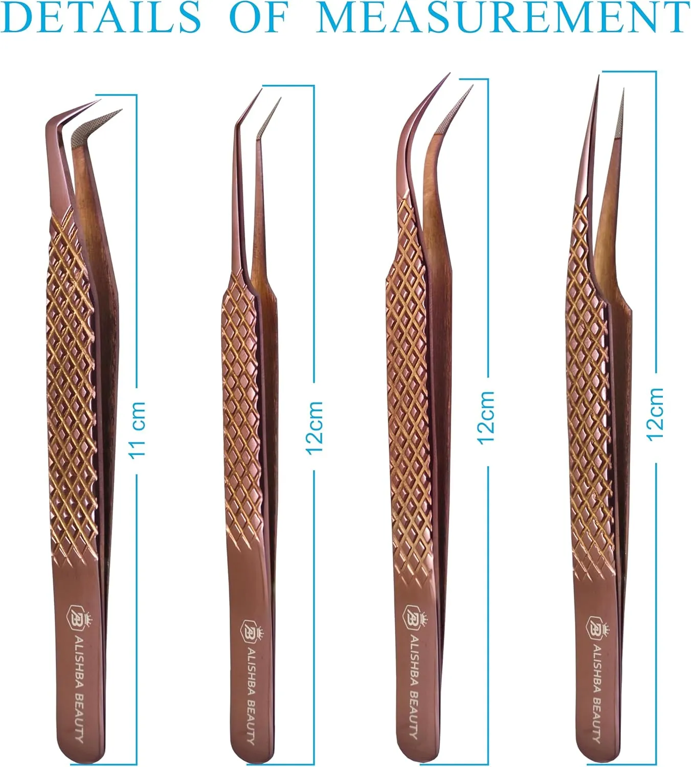 Alishba Beauty Eyelash Extension Tweezers, Precision Fiber Tip Grip Japanese Stainless Steel (Set of 4 Eyelash Tweezer) (ROSE GOLD)