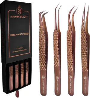 Alishba Beauty Eyelash Extension Tweezers, Precision Fiber Tip Grip Japanese Stainless Steel (Set of 4 Eyelash Tweezer) (ROSE GOLD)