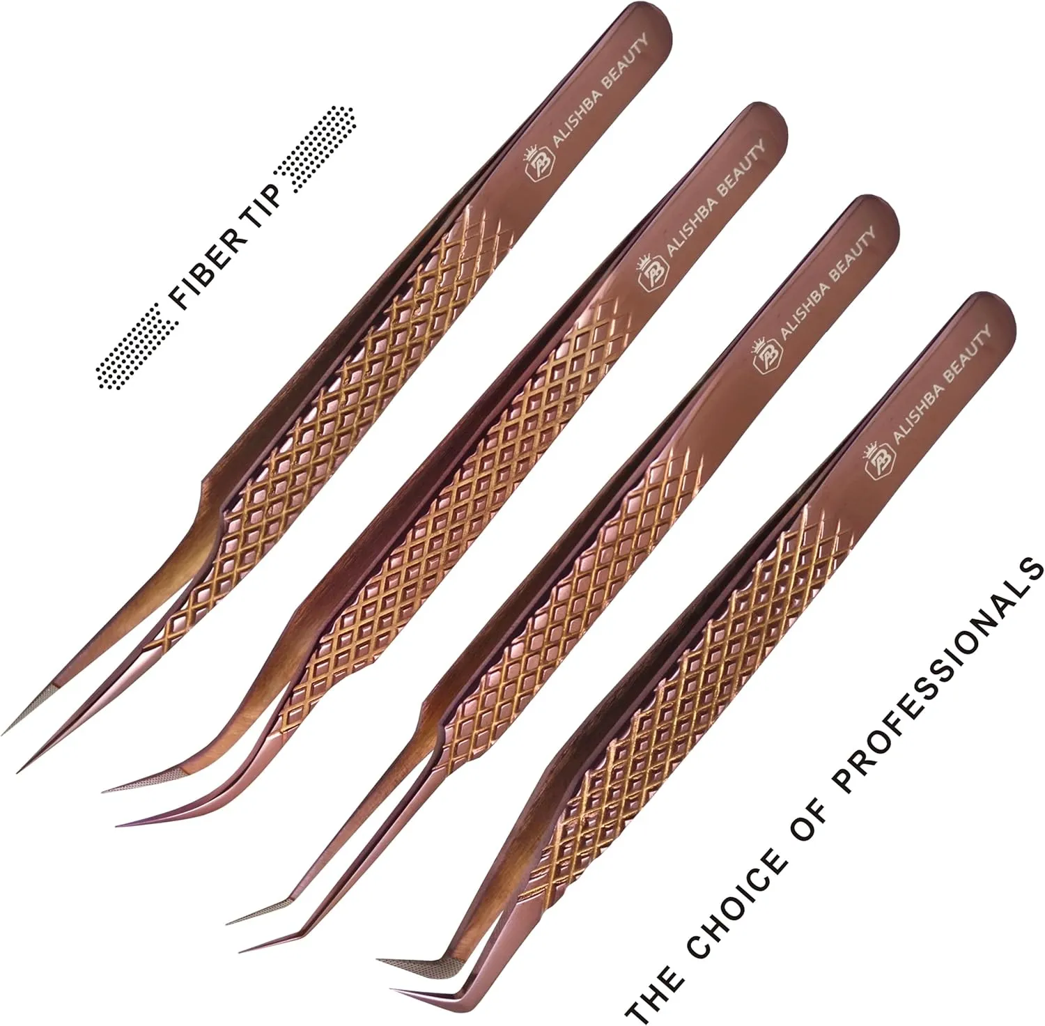 Alishba Beauty Eyelash Extension Tweezers, Precision Fiber Tip Grip Japanese Stainless Steel (Set of 4 Eyelash Tweezer) (ROSE GOLD)
