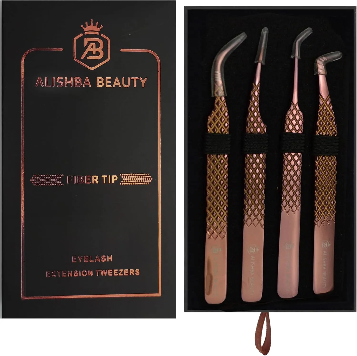 Alishba Beauty Eyelash Extension Tweezers, Precision Fiber Tip Grip Japanese Stainless Steel (Set of 4 Eyelash Tweezer) (ROSE GOLD)