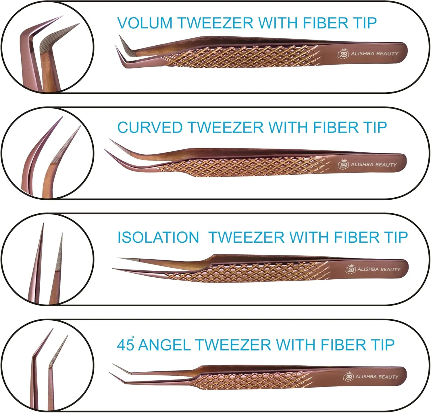 Alishba Beauty Eyelash Extension Tweezers, Precision Fiber Tip Grip Japanese Stainless Steel (Set of 4 Eyelash Tweezer) (ROSE GOLD)