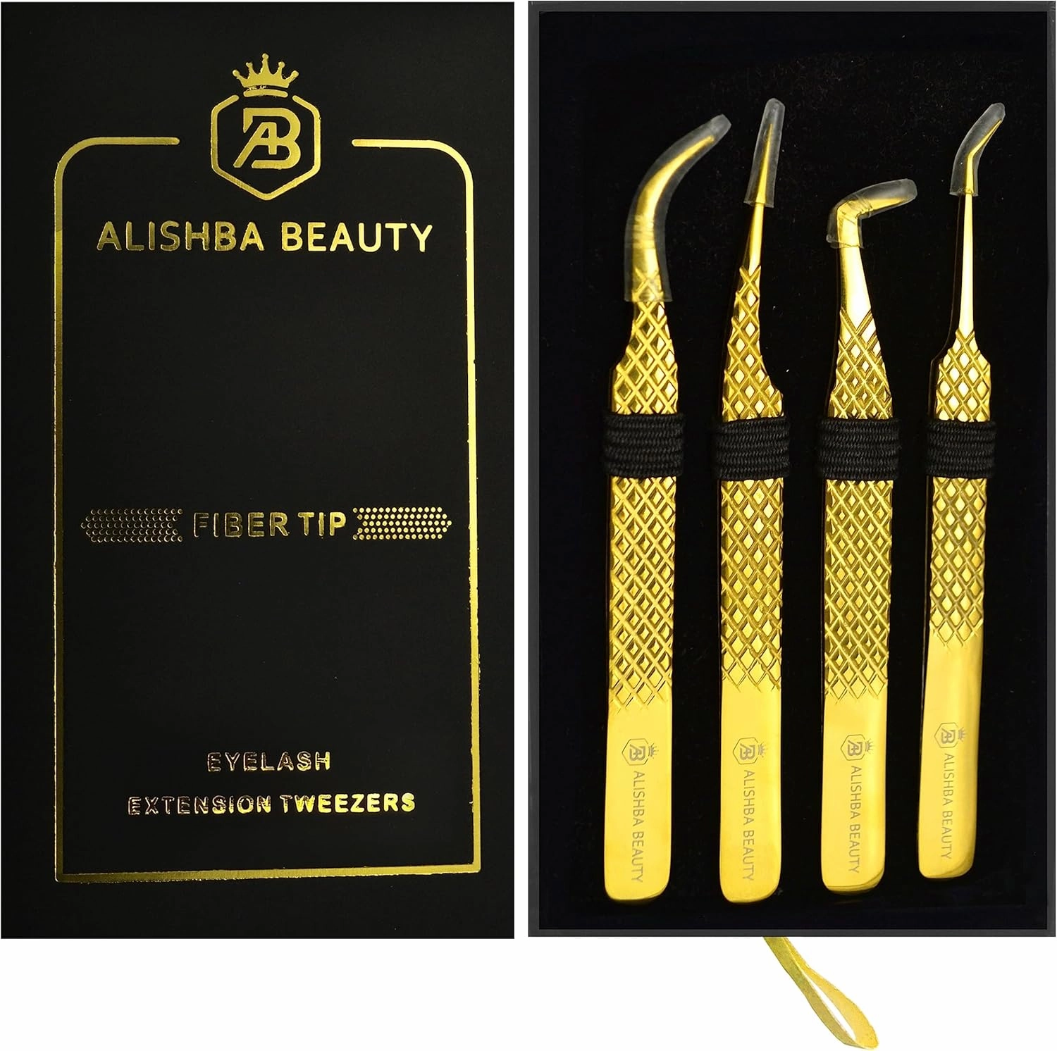 Alishba Beauty Eyelash Extension Tweezers, Precision Fiber Tip Grip Japanese Stainless Steel (Set of 4 Eyelash Tweezer) (GOLD)