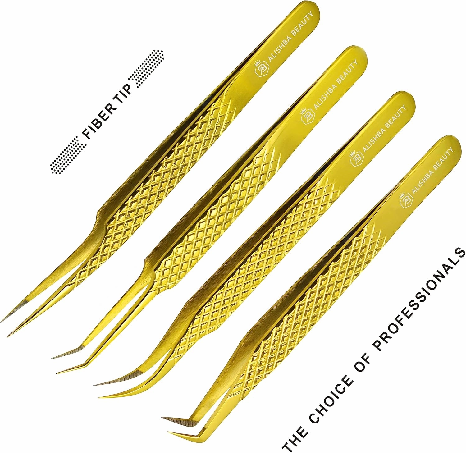 Alishba Beauty Eyelash Extension Tweezers, Precision Fiber Tip Grip Japanese Stainless Steel (Set of 4 Eyelash Tweezer) (GOLD)