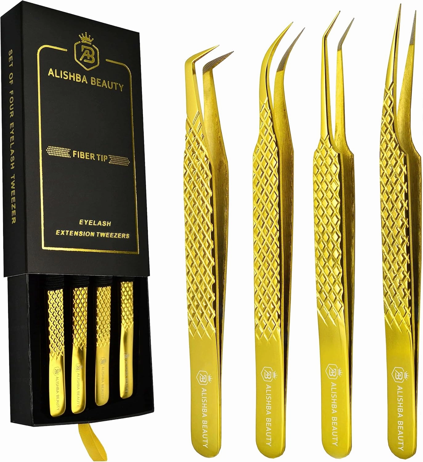 Alishba Beauty Eyelash Extension Tweezers, Precision Fiber Tip Grip Japanese Stainless Steel (Set of 4 Eyelash Tweezer) (GOLD)