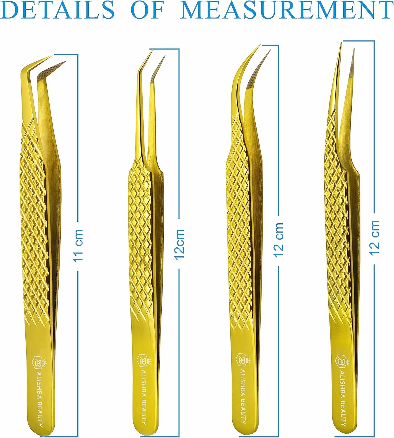 Alishba Beauty Eyelash Extension Tweezers, Precision Fiber Tip Grip Japanese Stainless Steel (Set of 4 Eyelash Tweezer) (GOLD)