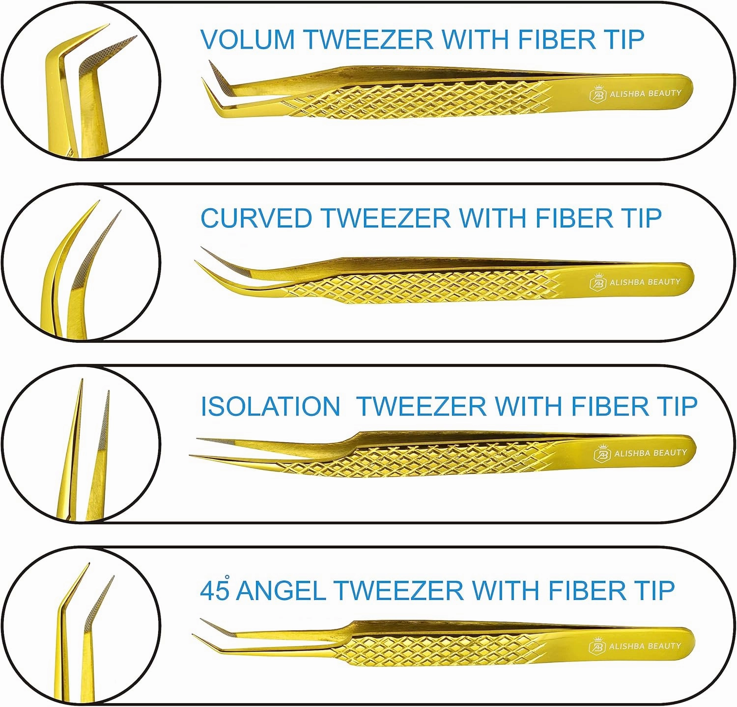 Alishba Beauty Eyelash Extension Tweezers, Precision Fiber Tip Grip Japanese Stainless Steel (Set of 4 Eyelash Tweezer) (GOLD)