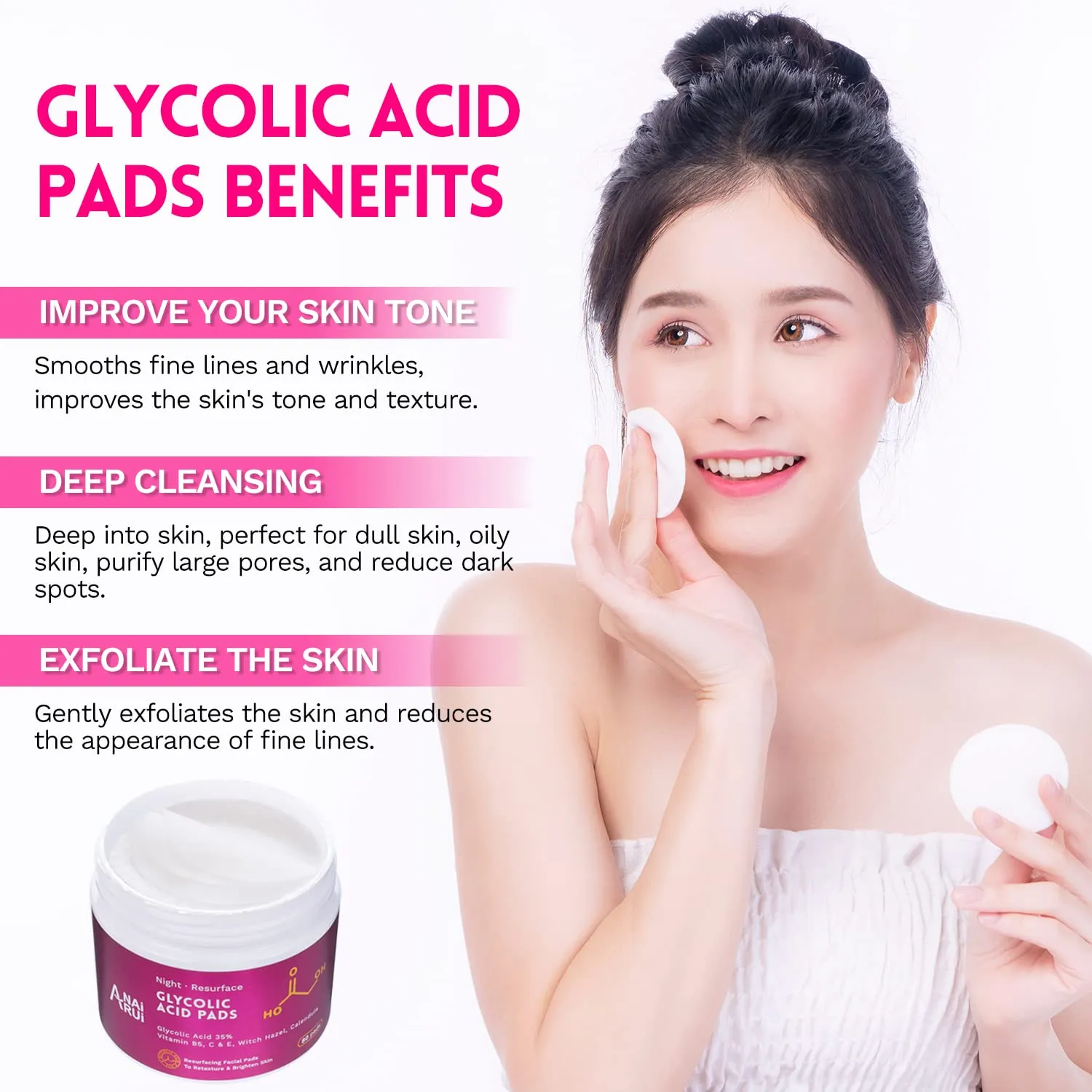 ANAI RUI Glycolic Acid Peel Pads 35% AHA Resurfacing Facial With Vitamins B5, Witch Hazel, Calendula - Exfoliating for Face Dark Spots and Reduces Fine Lines - 80 Pads
