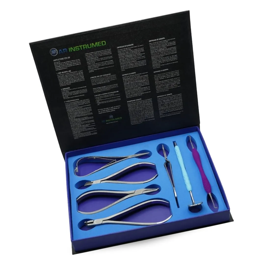 AR INSTRUMED 8 Pieces Ortho Bonding Set, Medical Grade Stainless Steel Band Pusher Scaler, Serrated Narrow Tip, Soft Silicone Dark Purple Handle, Orthodontic Ligature Cutter